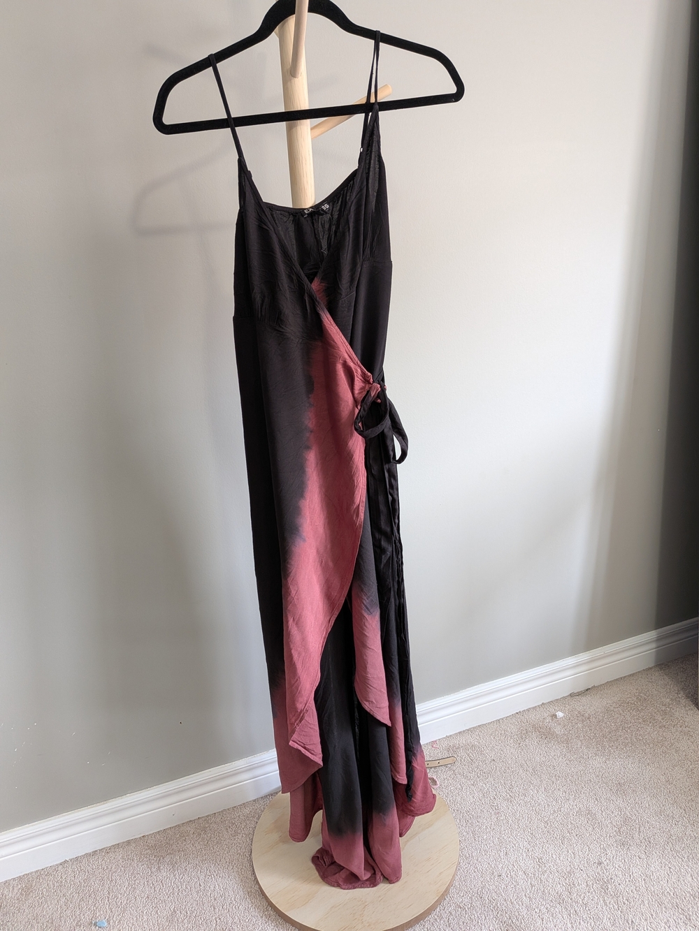 Black and Rose Pink Tie-Dye Wrap Maxi Dress